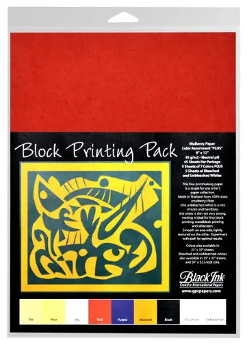 Black Ink 9-Inch by 12-Inch Assorted Colored Mulberry Plus Block Printing Paper, 45-Pack