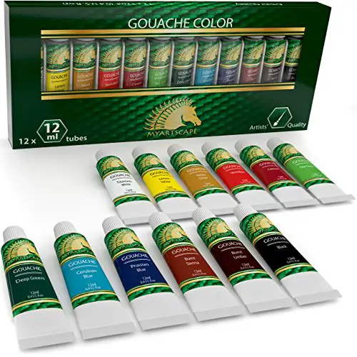 Gouache Paint Set - 12 x 12ml Tubes - Artist Quality Colors for Art on Watercolor Paper, Illustration Board, Artboard & Masonite - Includes Black and White - Professional Supplies by MyArtscape™