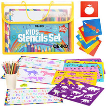 Load image into Gallery viewer, Ozziko Stencils for Kids - Arts and Crafts Kit w/ Number, Dinosaur, Animal, Alphabet Letter Stencils - Bonus Stencil Carrying Case Included to Hold Art Supplies
