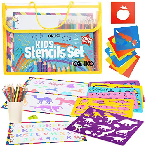 Ozziko Stencils for Kids - Arts and Crafts Kit w/ Number, Dinosaur, Animal, Alphabet Letter Stencils - Bonus Stencil Carrying Case Included to Hold Art Supplies