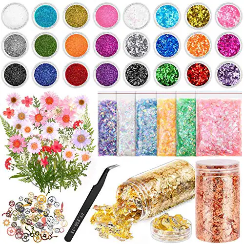 Resin Jewelry Making Supplies Kit, Thrilez Resin Decoration Kit with Resin Glitter, Gold Foil Flakes, Dried Flowers, Mylar Flakes, Resin Accessories and Supplies for Resin, Slime, Nail Art, DIY Craft