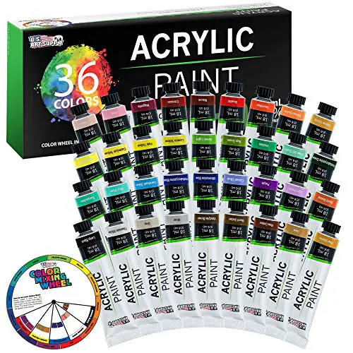 U.S. Art Supply Professional 36 Color Set of Acrylic Paint in Large 18ml Tubes - Rich Vivid Colors for Artists, Students, Beginners - Canvas Portrait Paintings - Color Mixing Wheel