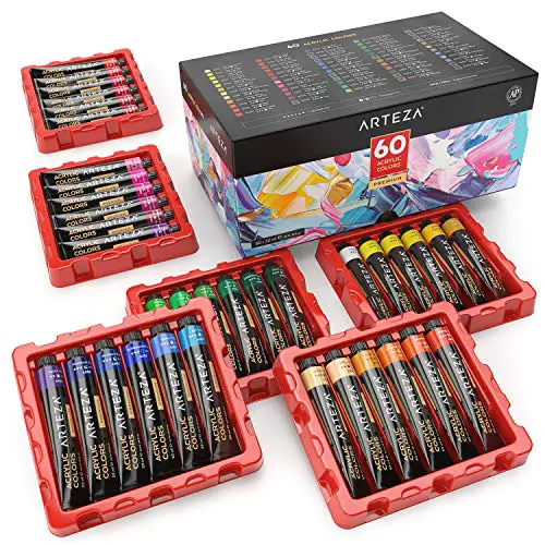 Arteza Acrylic Paint, Set of 60 Colors/Tubes (0.74 oz, 22 ml) with Storage Box, Rich Pigments, Non Fading, Non Toxic Metallic Paints for Artist, Hobby Painters & Kids, Art Supplies for Canvas Painting