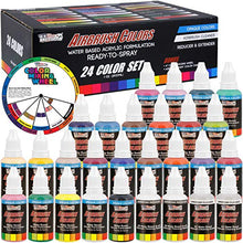 Load image into Gallery viewer, U.S. Art Supply 24 Color Acrylic Airbrush, Leather &amp; Shoe Paint Set Opaque Colors plus Reducer, Cleaner &amp; Color Mixing Wheel
