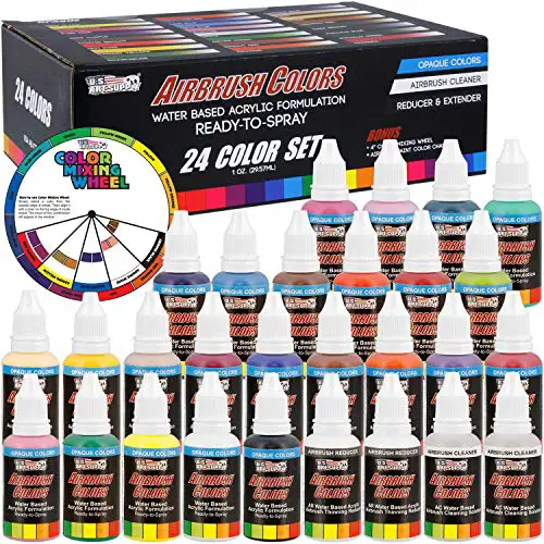 U.S. Art Supply 24 Color Acrylic Airbrush, Leather & Shoe Paint Set Opaque Colors plus Reducer, Cleaner & Color Mixing Wheel