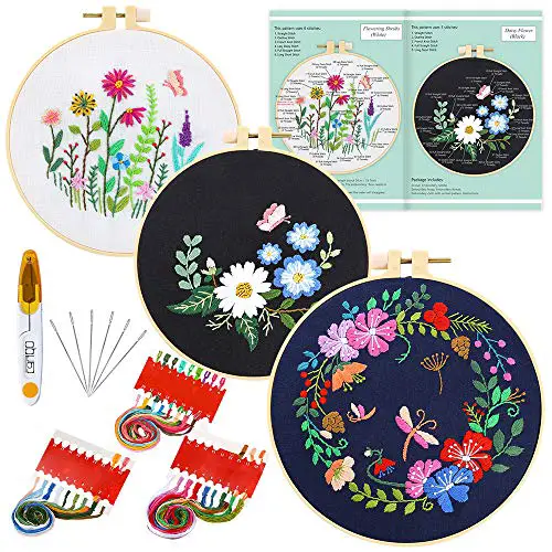 Caydo 3 Sets Embroidery Starter Kit with Pattern and Instructions, Cross Stitch Kit Include 3 Embroidery Clothes with Floral Pattern, 3 Plastic Embroidery Hoops, Color Threads and Tools