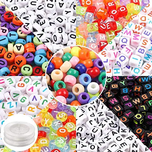 Quefe 1500pcs Beads Kit, Alphabet Beads Letter Beads Large Hole Beads for Jewelry Making with 2 Rolls of 9 Meters Elastic String Cord
