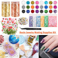 Load image into Gallery viewer, Resin Jewelry Making Supplies Kit, Thrilez Resin Decoration Kit with Resin Glitter, Gold Foil Flakes, Dried Flowers, Mylar Flakes, Resin Accessories and Supplies for Resin, Slime, Nail Art, DIY Craft

