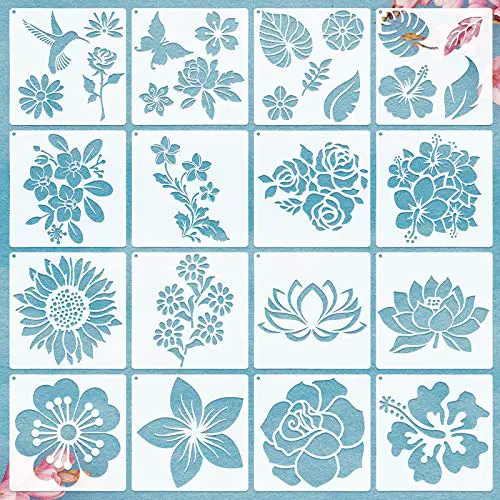 16 Pieces Flower Stencil Rose Sunflower Stencil Spring Summer Stencil Template Bird Leaf Drawing Template Reusable Painting Stencil and Metal Open Ring for Painting on Wood Wall Decor (6.3 x 6.3 Inch)