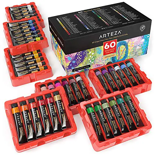 Arteza Gouache Paint, Set of 60 Colors/Tubes (12 ml/0.4 US fl oz) Opaque Paints, Art Supplies for Canvas Painting, Watercolor Paper, Toned Paper, or Using with Watercolors and Mixed Media