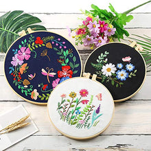 Load image into Gallery viewer, Caydo 3 Sets Embroidery Starter Kit with Pattern and Instructions, Cross Stitch Kit Include 3 Embroidery Clothes with Floral Pattern, 3 Plastic Embroidery Hoops, Color Threads and Tools
