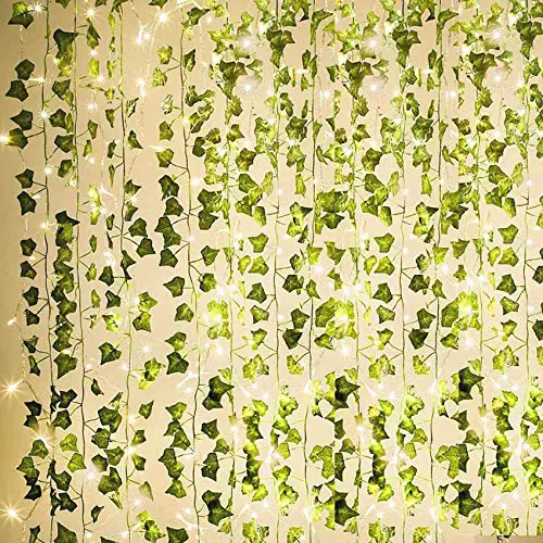 KASZOO 84Ft 12 Pack Artificial Ivy Garland Fake Plants, Vine Hanging Garland with 80 LED String Light, Hanging for Home Kitchen Garden Office Wedding Wall Decor, Green