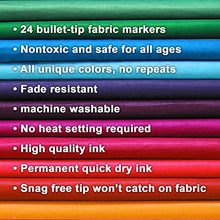 Load image into Gallery viewer, Best Fabric Markers (PACK OF 24 PENS) Non-Toxic - Set of 24 Individual Colors - NO DUPLICATES - Bullet Tip - Machine Washable Paint - Perfect for Writing on Clothes, Clothing, Jeans, Pants, and Shirts
