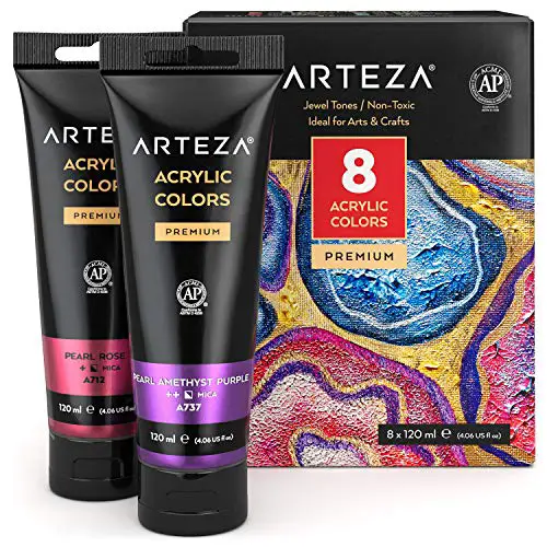 Arteza Metallic Acrylic Paint, Set of 8 Jewel Tones Colors in 4.06oz Tubes, Rich Pigments, Non Fading, Non Toxic Paints for Artists, Hobby Painters & Kids, Ideal for Canvas Painting & Crafts