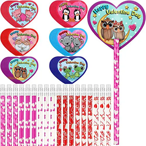 72 Pieces Valentines Pencils Toppers Cards Valentines Cards Set Valentine's Day Pencils Stationary Kit for Kids Giving School Classroom Exchange Party Favor Supplies