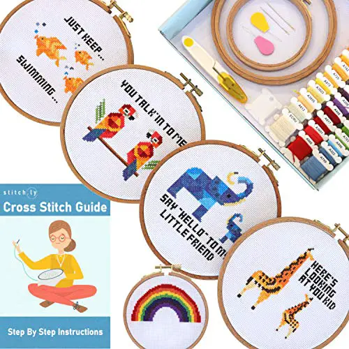 Stitch.ly Cross Stitch Kits Beginner. 5 Cross Stitch Patterns. Anxiety Relief. Designed in Ireland. 3 Embroidery Hoops. Instruction Guide Included