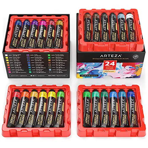 Arteza Acrylic Paint, Set of 24 Colors/Tubes (0.74 oz, 22 ml) with Storage Box, Rich Pigments, Non Fading, Non Toxic Paints for Artist, Hobby Painters & Kids, Art Supplies for Canvas Painting