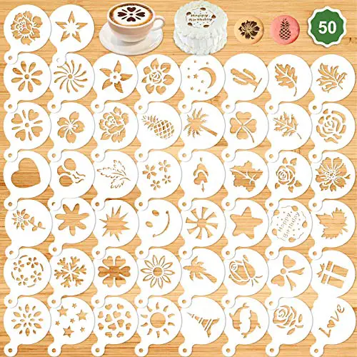 Konsait 50Pack Cake Stencil Templates Decoration, Reusable Cake Cookies Baking Painting Journal Mold Tools, Dessert, Coffee Decorating Molds Cappuccino Mousse Hot Chocolate for DIY Craft Decor