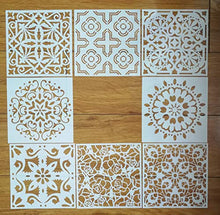 Load image into Gallery viewer, Mandala Reusable Stencil Set of 9 (6x6 inch) Painting Stencil, Laser Cut Painting Template for DIY Decor, Painting on Wood, Airbrush, Rocks and Walls Art (C)
