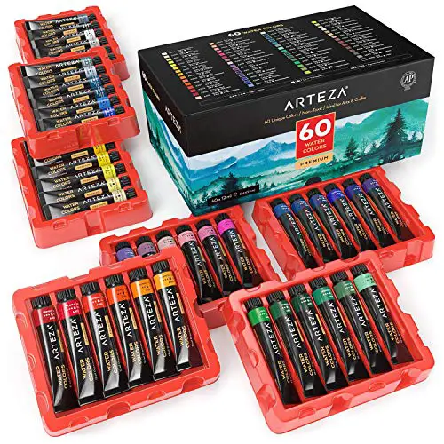 Arteza Watercolor Paint, Set of 60 Colors/Tubes (12 ml/0.4 US fl oz) with Storage Box, Rich Pigments, Vibrant, Non Toxic Paints for The Artist, Hobby Painters, Ideal for Watercolor Techniques