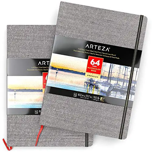 Arteza 8.3x11.7 Inch Watercolor Book, Pack of 2, 64 Pages per Pad, 110lb/230 GSM, Linen Bound with Bookmark Ribbon and Elastic Strap, Art Supplies for Watercolor Techniques and Mixed Media