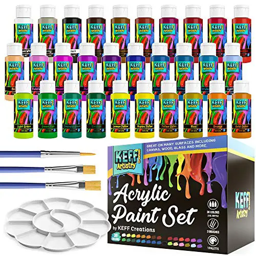 KEFF Creations Acrylic Paint, Acrylic Paint Set, 30 Colors Acrylic Bottles with 3 Paintbrushes and Paint Palette. Acrylic Painting Supplies, Great for Canvas, Rock Paining, Wood, Glass, Crafts