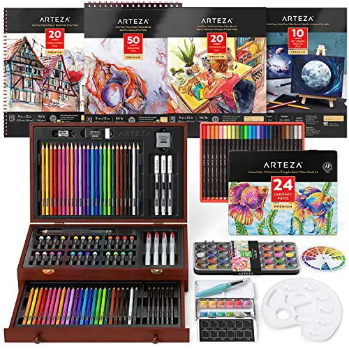 Arteza Mixed Media Art Set, Artist Drawing Kit Includes Colored & Watercolor Pencils, Woodless Graphite Pencils, Water-Soluble Oil Pastels, Watercolor Cakes, and More, Painting Set for Kids & Adults