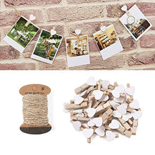 Load image into Gallery viewer, Pandahall 100pcs White Heart Clothespins Wooden Photo Paper Peg Pin Graft Clips with 10.9 Yards Natural Jute Twine for Paper Photo Display Hanging Home Party Decoration
