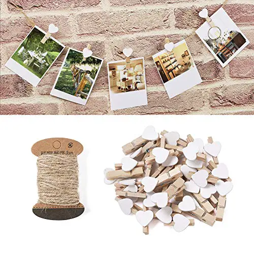 Pandahall 100pcs White Heart Clothespins Wooden Photo Paper Peg Pin Graft Clips with 10.9 Yards Natural Jute Twine for Paper Photo Display Hanging Home Party Decoration