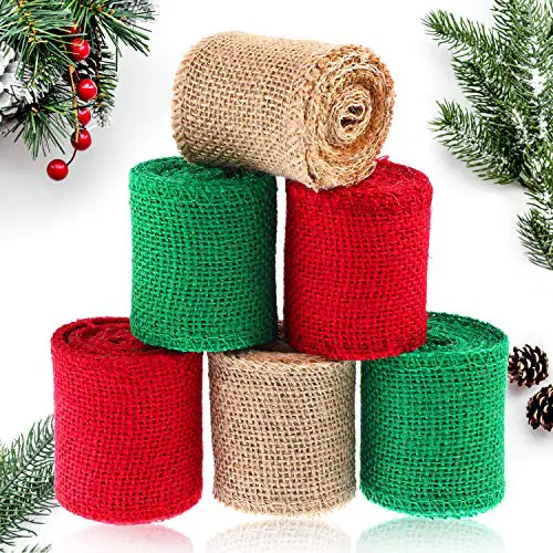 6 Rolls Burlap Craft Ribbon Colored Natural Ribbon Burlap Ribbon for Christmas DIY Handmade Crafts Gift Wrapping Party Decorations, 12 Yards Total