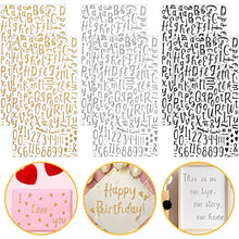 Load image into Gallery viewer, Gersoniel 6 Sheets Glitter Cursive Alphabet Letter and Number Stickers Assorted DIY Self-Adhesive Stickers for Arts and Crafts Scrapbook Cards Home Decoration Supplies (Black, Silver, Gold)
