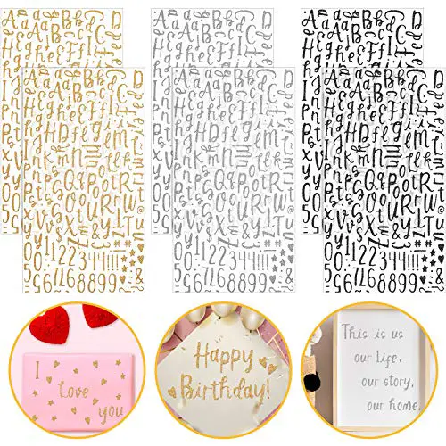 Gersoniel 6 Sheets Glitter Cursive Alphabet Letter and Number Stickers Assorted DIY Self-Adhesive Stickers for Arts and Crafts Scrapbook Cards Home Decoration Supplies (Black, Silver, Gold)