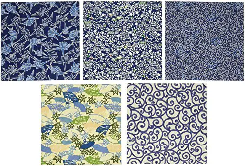 Aitoh Origami Paper, 5.875 by 5.875-Inch, Aizome Blue Yuzen, 5-Pack