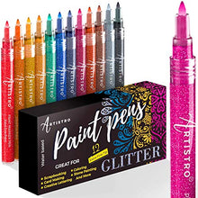 Load image into Gallery viewer, Glitter Paint Pens for Rock Painting, Fabric, Wood, Glass, Scrapbooking, DIY Craft Making Art Supplies, Card Making, Coloring. Set of 12 Acrylic Glitter Paint Markers Extra-Fine Tip 0.7mm.
