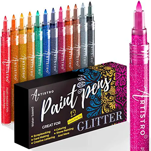 Glitter Paint Pens for Rock Painting, Fabric, Wood, Glass, Scrapbooking, DIY Craft Making Art Supplies, Card Making, Coloring. Set of 12 Acrylic Glitter Paint Markers Extra-Fine Tip 0.7mm.
