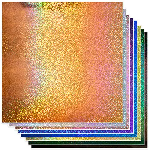 Permanent Glitter Vinyl for Cricut (8pk, 12 x 11 Inch) Sparkle Holographic Vinyl Adhesive Sheets for Oracle 651 with Metallic Rainbow Effect (Gold, Pink, Blue, Black, Silver, Purple, Green, Orange)