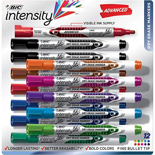 BIC Intensity Advanced Dry Erase Marker, Fine Bullet Tip, Assorted Colors, 12-Count