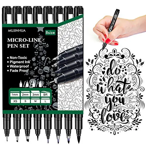 MUJINHUA Hand Lettering Pens, Calligraphy Brush Pens Art Markers for Beginners Writing, Artist Sketch, Technical Drawing, Water Color Illustration, Journaling, Set of 8 Size
