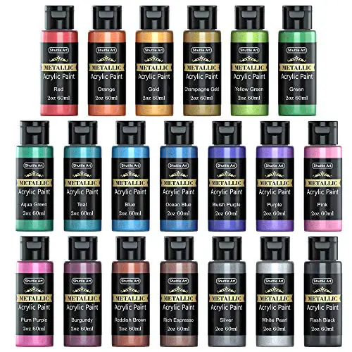 Metallic Acrylic Paint Set, Shuttle Art 20 Colors Metallic Paint in Bottles (60ml, 2oz) with 3 Brushes and 1 Palette, Rich Pigments, Non-Toxic for Artists, Beginners on Rocks Crafts CanvasWood Fabric