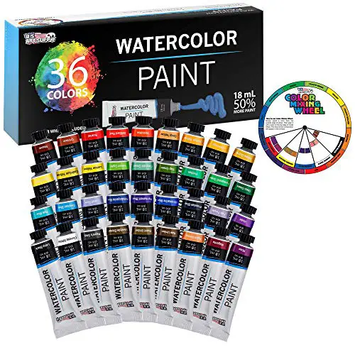 U.S. Art Supply Professional 36 Color Set of Watercolor Paint in Large 18ml Tubes - Vivid Colors Kit for Artists, Students, Beginners - Canvas Portrait Paintings - Color Mixing Wheel